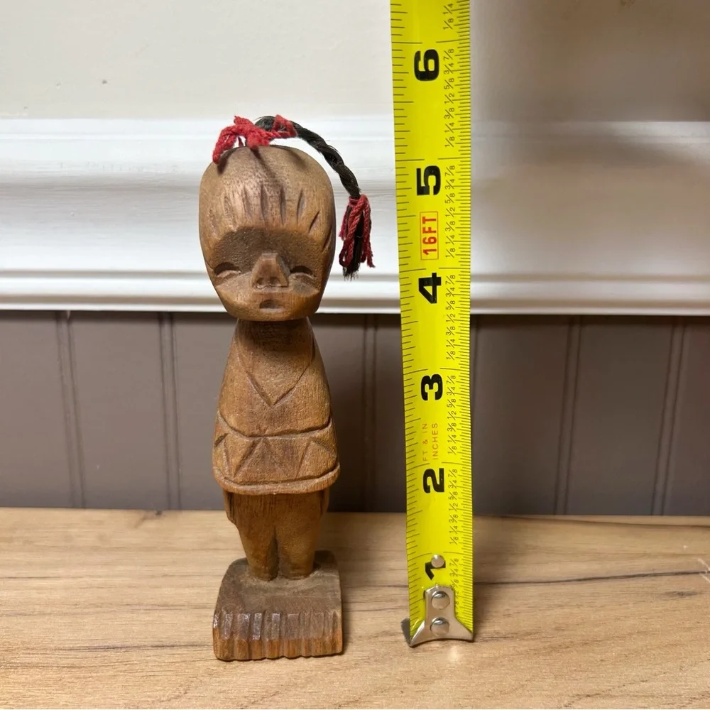 Handcrafted Wooden Folk Art Female Figurine with a Braid African Origin VTG